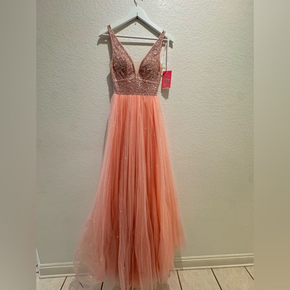 NWT JVN Jovani Sz 00 Glitter Blush Pink Tulle Ballgown JVN 05818